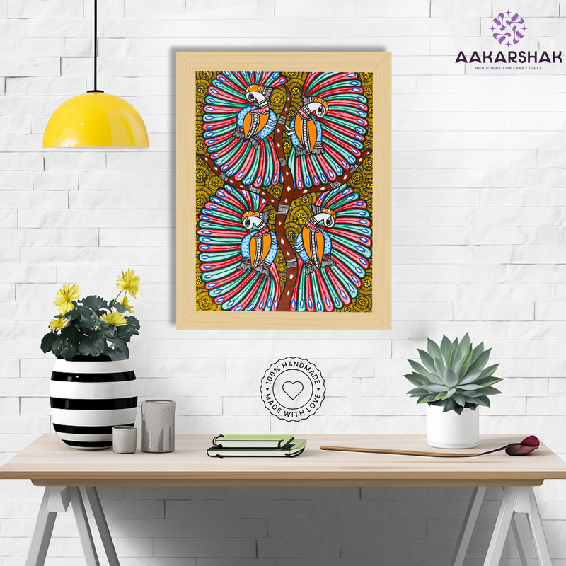 Framed artwork with dancing peacock design -handmade madhubani painting for home decor