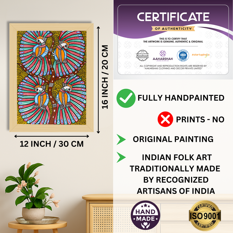 Framed artwork with dimensions, authenticity certificate and handmade iso certified-peacock madhubani painting