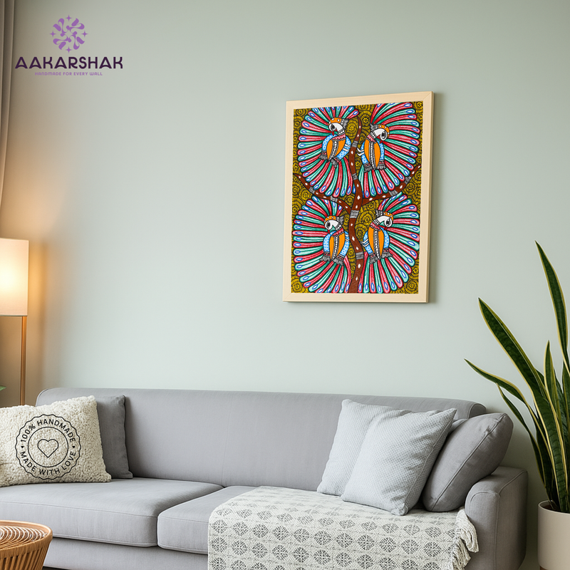 vibrant handmade dancing peacock painting-depicting indian folk traditions