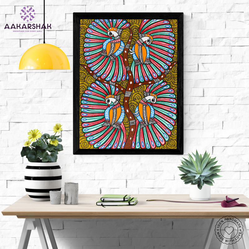 Framed artwork with dancing peacock design -handmade madhubani painting for home decor