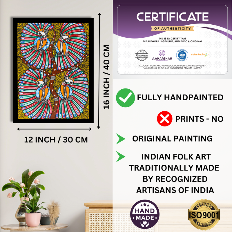 Framed artwork with dimensions, authenticity certificate and handmade iso certified-peacock madhubani painting