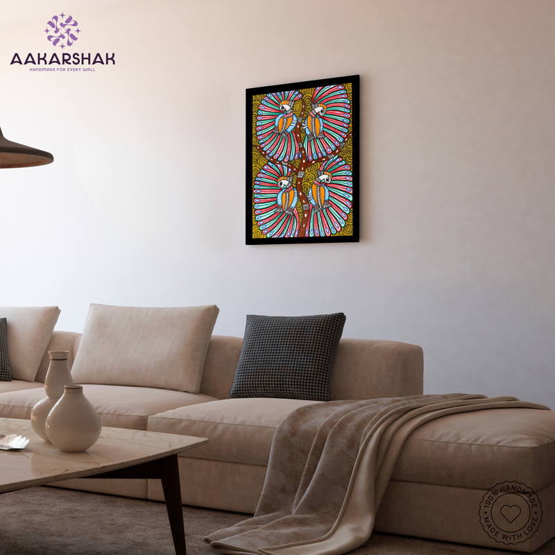 vibrant handmade dancing peacock painting-depicting indian folk traditions