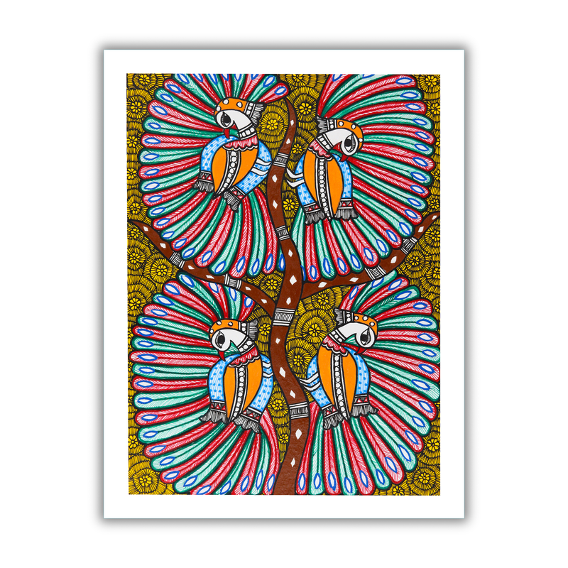 Framed artwork of a colorful dancing peacock -with handmade madhubani painting