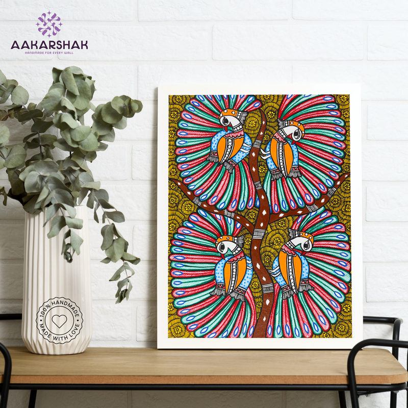 Framed artwork with dancing peacock design -handmade madhubani painting for home decor