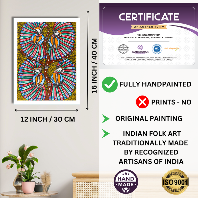 Framed artwork with dimensions, authenticity certificate and handmade iso certified-peacock madhubani painting