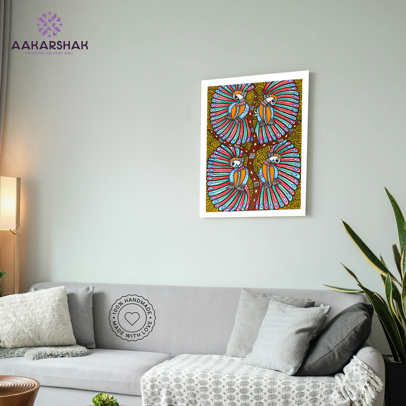 vibrant handmade dancing peacock painting-depicting indian folk traditions