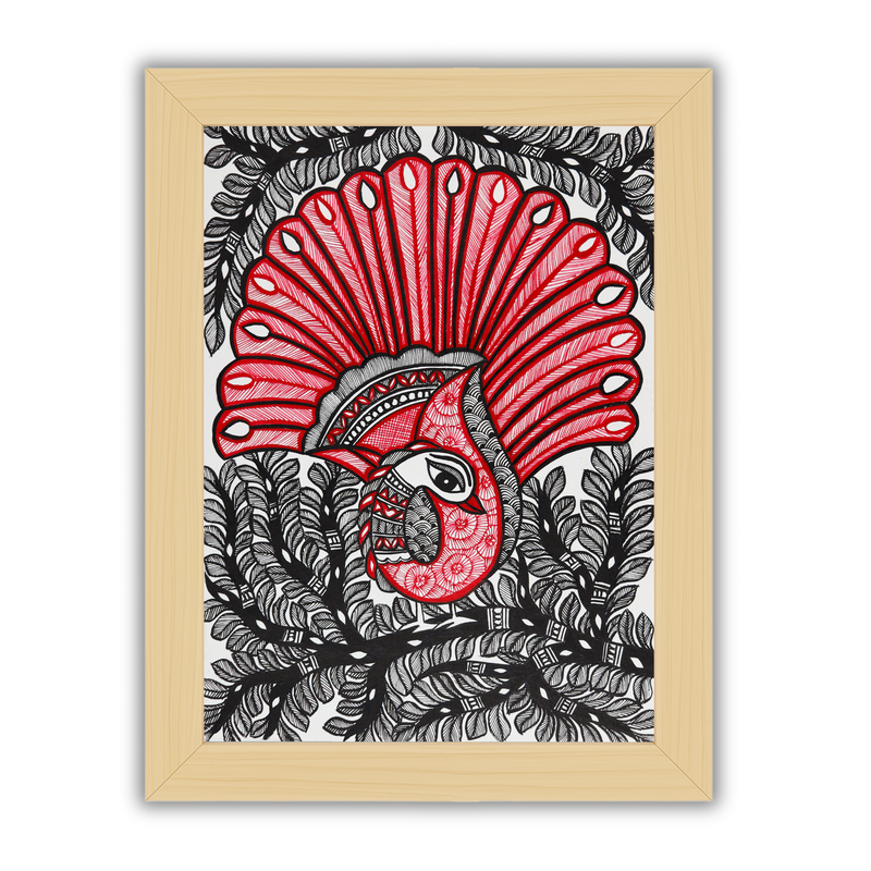 Framed artwork of a colorful dancing peacock -with handmade madhubani painting