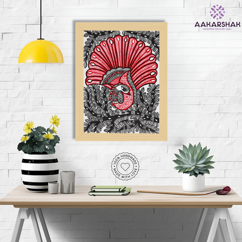 Framed artwork with dancing peacock design -handmade madhubani painting for home decor