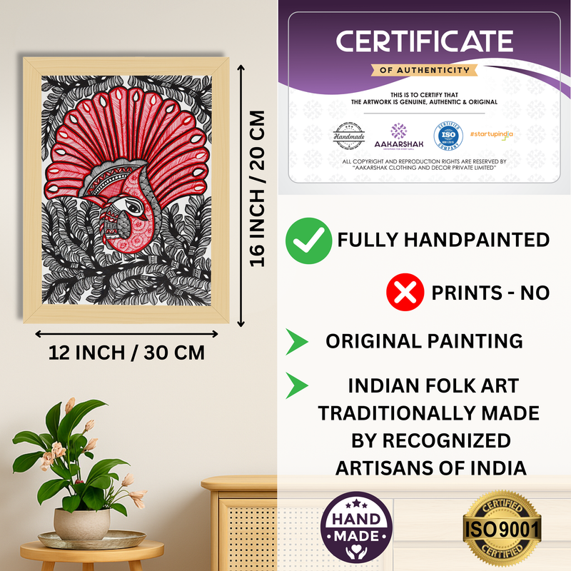 Framed artwork with dimensions, authenticity certificate and handmade iso certified-peacock madhubani painting