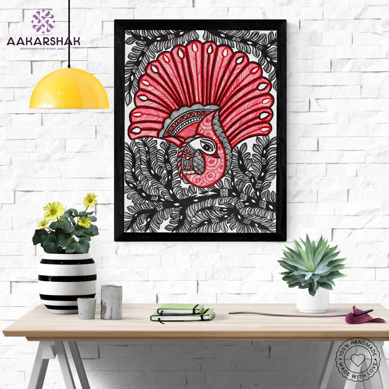 Framed artwork with dancing peacock design -handmade madhubani painting for home decor