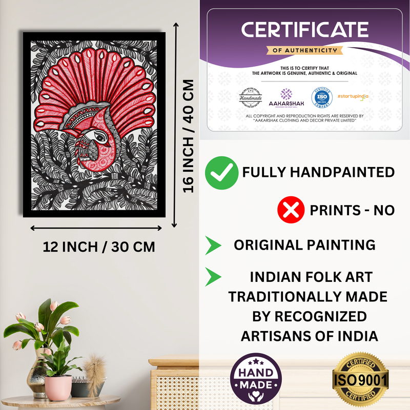 Framed artwork with dimensions, authenticity certificate and handmade iso certified-peacock madhubani painting