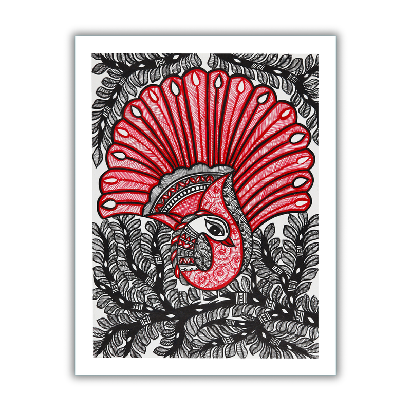 Framed artwork of a colorful dancing peacock -with handmade madhubani painting