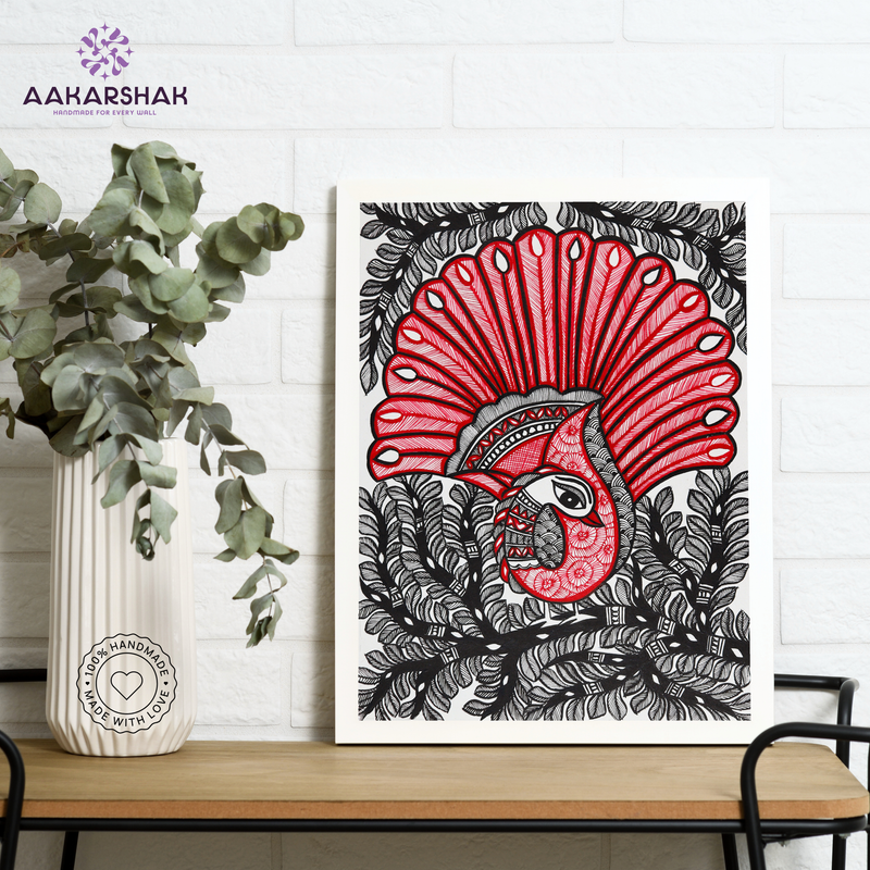 Framed artwork with dancing peacock design -handmade madhubani painting for home decor