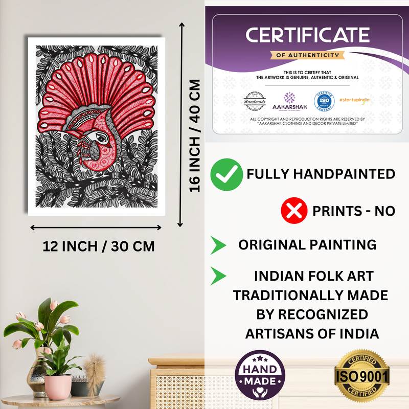 Framed artwork with dimensions, authenticity certificate and handmade iso certified-peacock madhubani painting