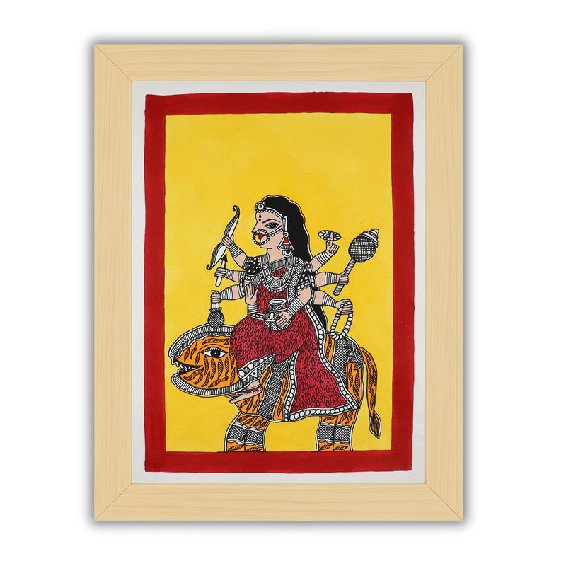Framed artwork of a colorful druga -with handmade madhubani painting