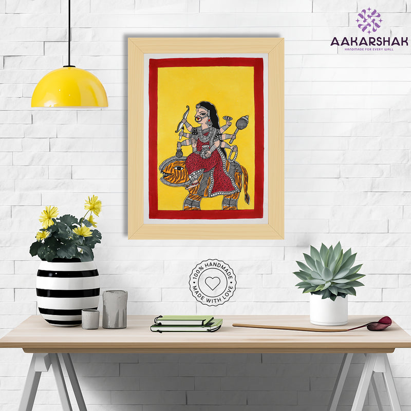 Framed artwork with durga design -handmade madhubani painting for home decor