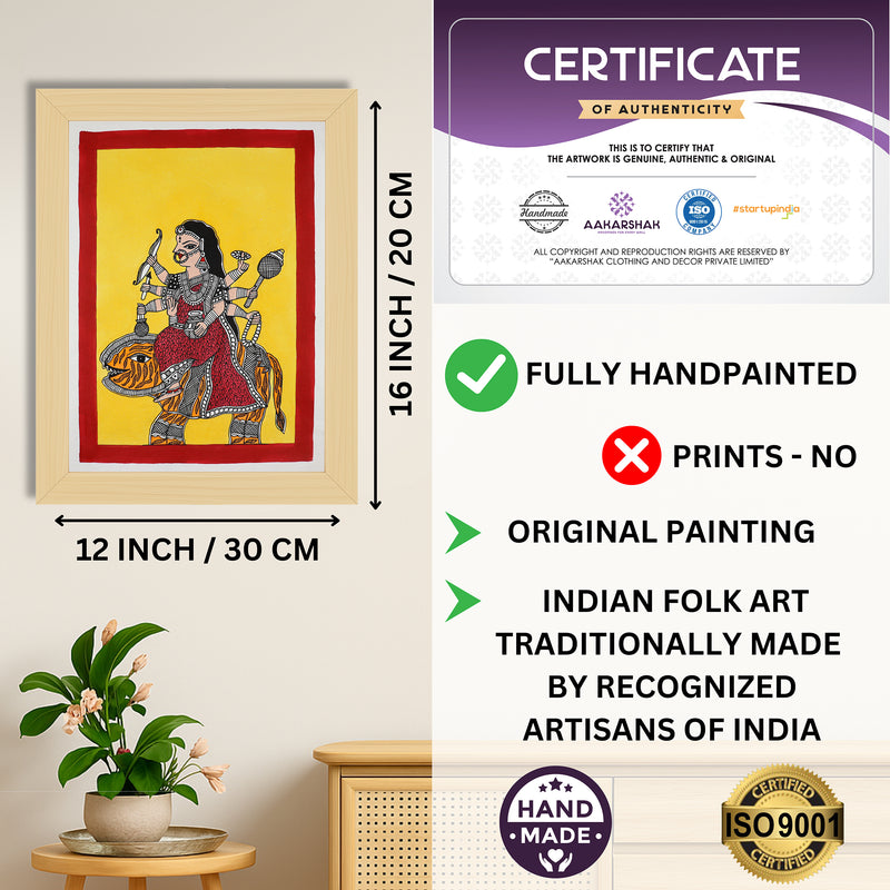 Framed artwork with dimensions, authenticity certificate and handmade iso certified-durga madhubani painting