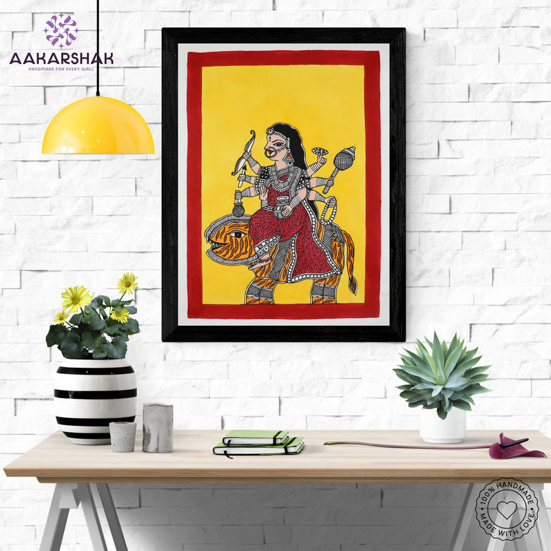 Framed artwork with durga design -handmade madhubani painting for home decor