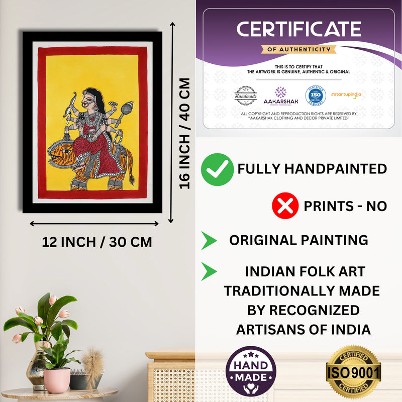 Framed artwork with dimensions, authenticity certificate and handmade iso certified-durga madhubani painting