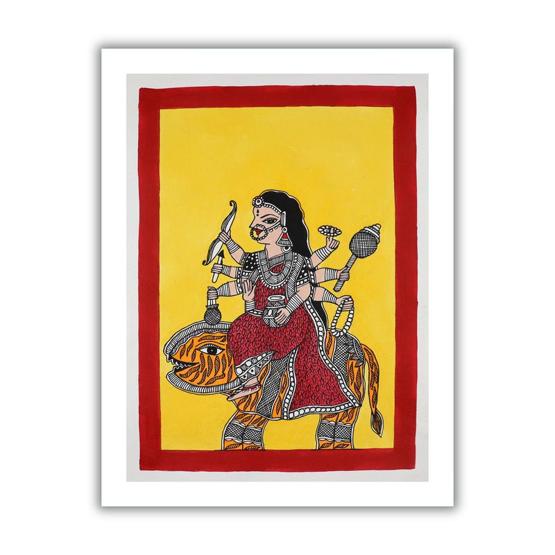 Framed artwork of a colorful druga -with handmade madhubani painting