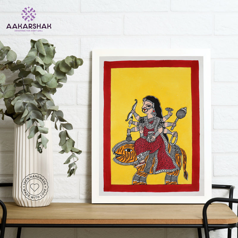 Framed artwork with durga design -handmade madhubani painting for home decor