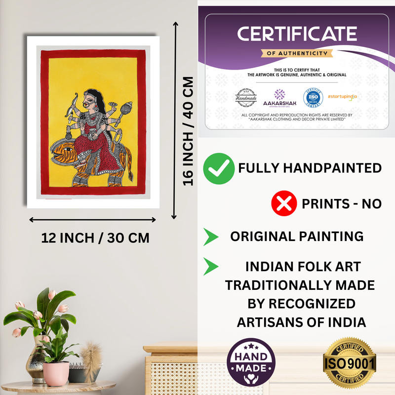 Framed artwork with dimensions, authenticity certificate and handmade iso certified-durga madhubani painting
