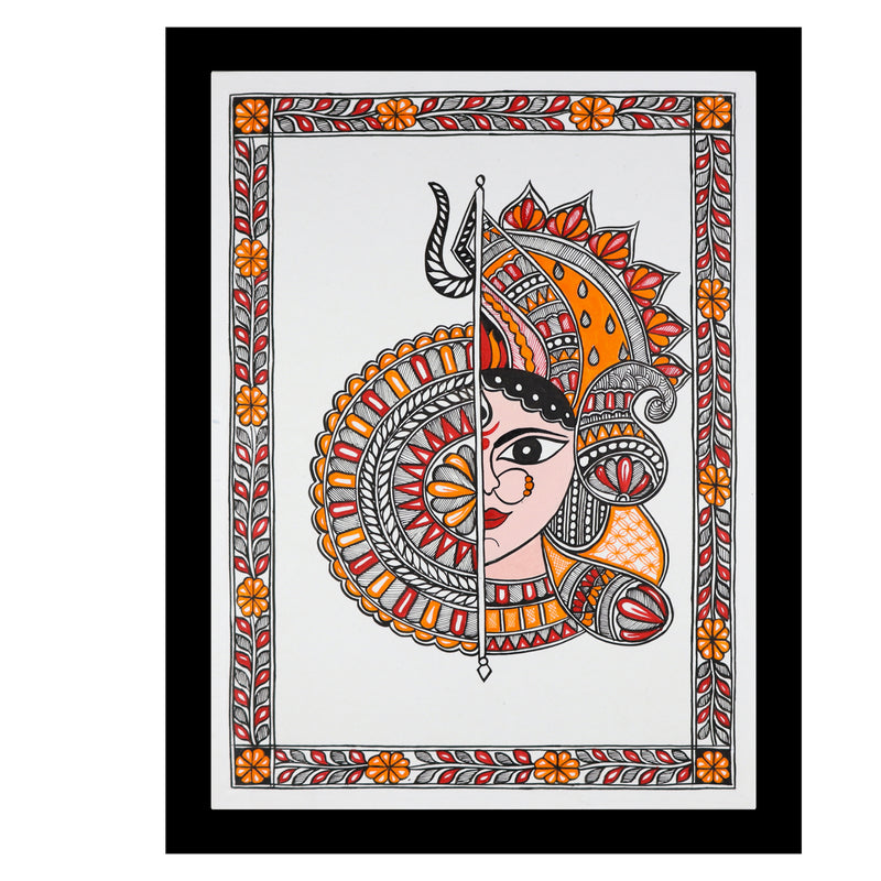 Framed artwork of a colorful druga -with handmade madhubani painting