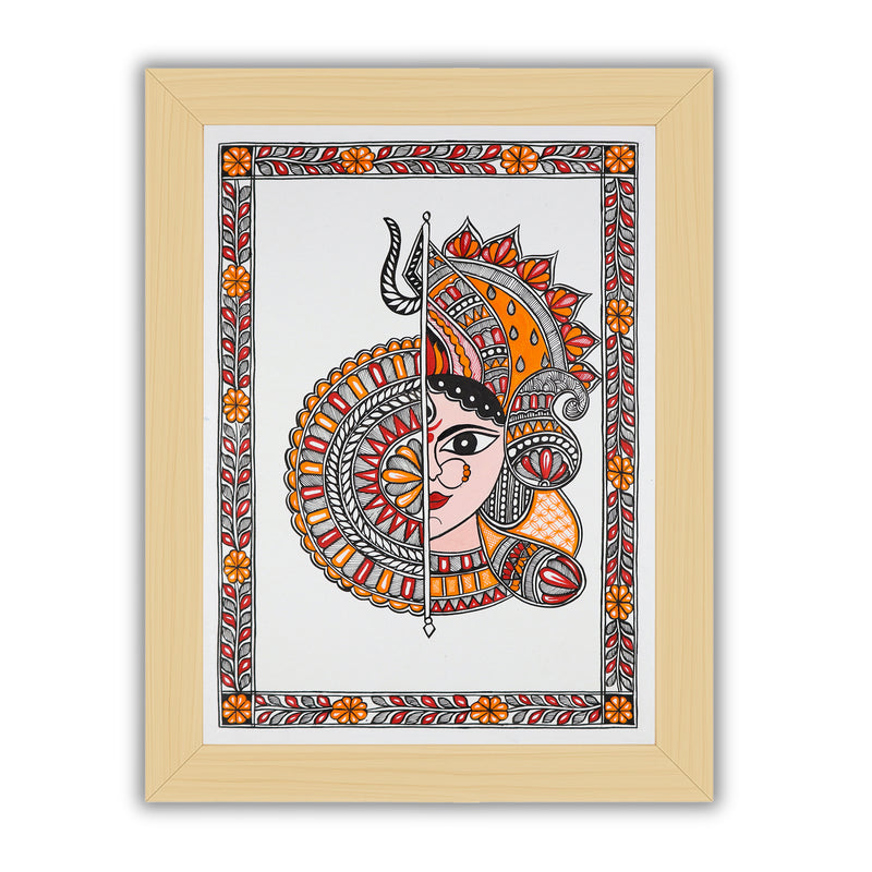 Framed artwork of a colorful druga -with handmade madhubani painting