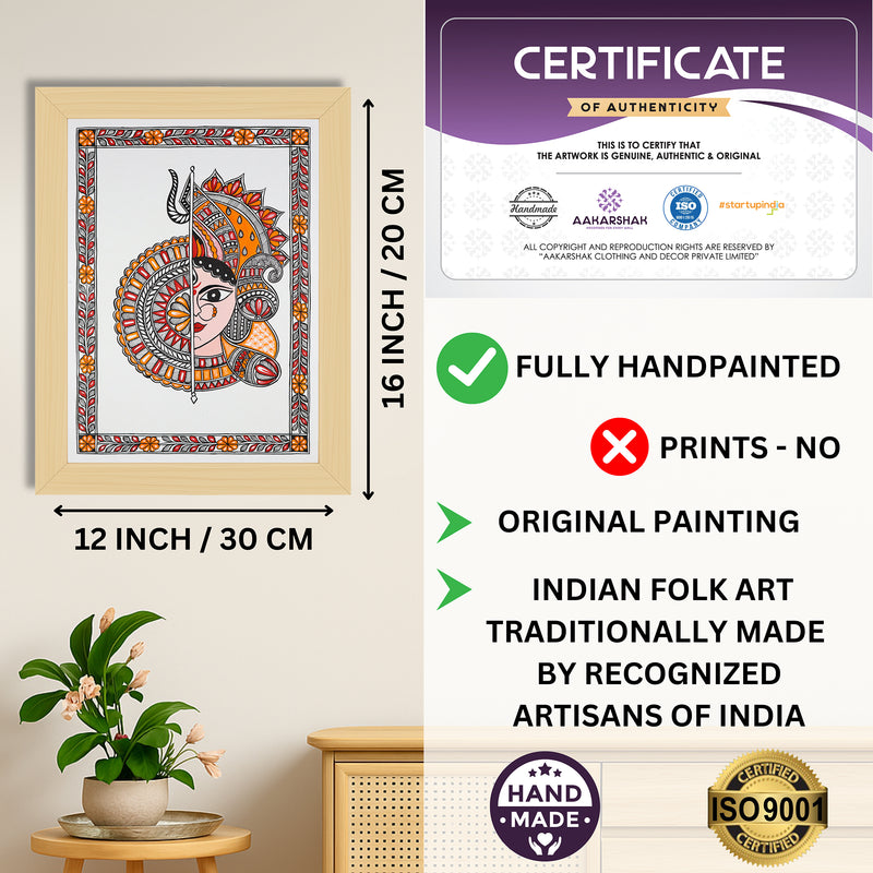 Framed artwork with dimensions, authenticity certificate and handmade iso certified-durga madhubani painting