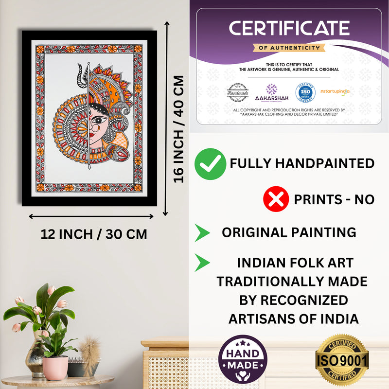 Framed artwork with dimensions, authenticity certificate and handmade iso certified-durga madhubani painting