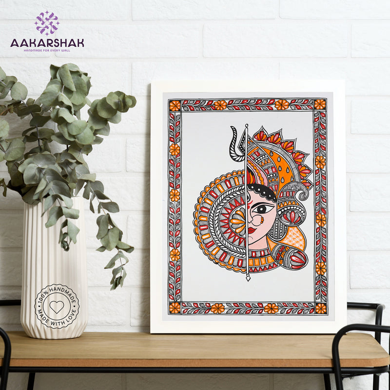 Framed artwork with durga design -handmade madhubani painting for home decor