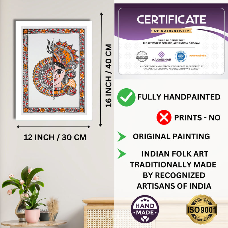 Framed artwork with dimensions, authenticity certificate and handmade iso certified-durga madhubani painting