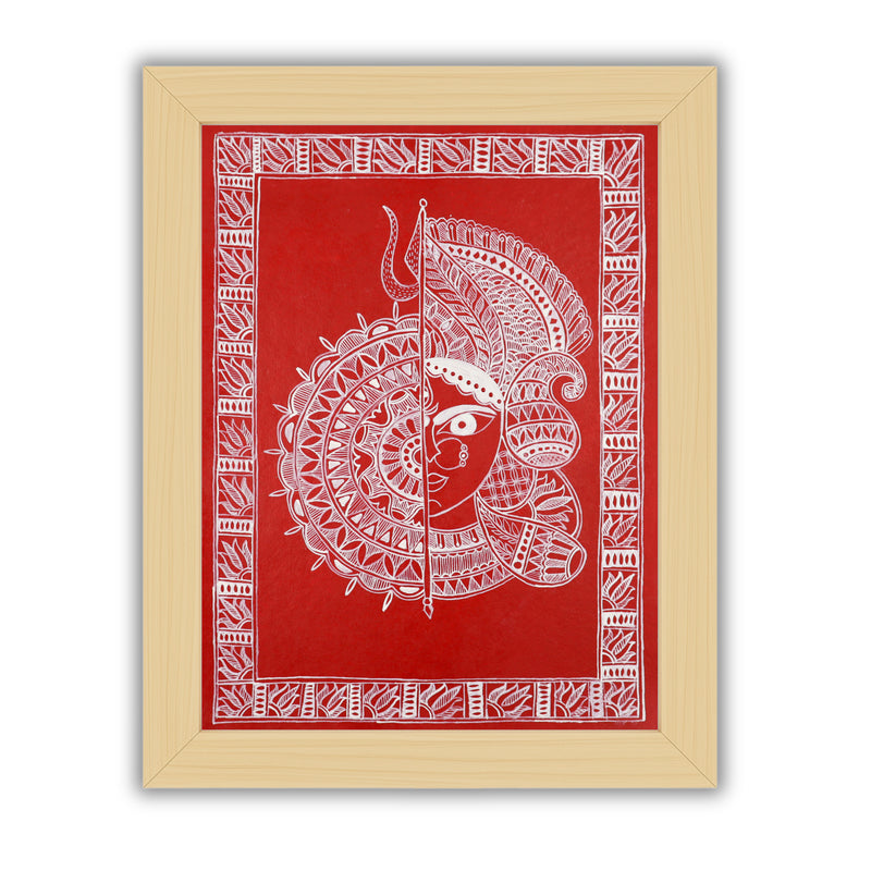 Framed artwork of a colorful druga -with handmade madhubani painting