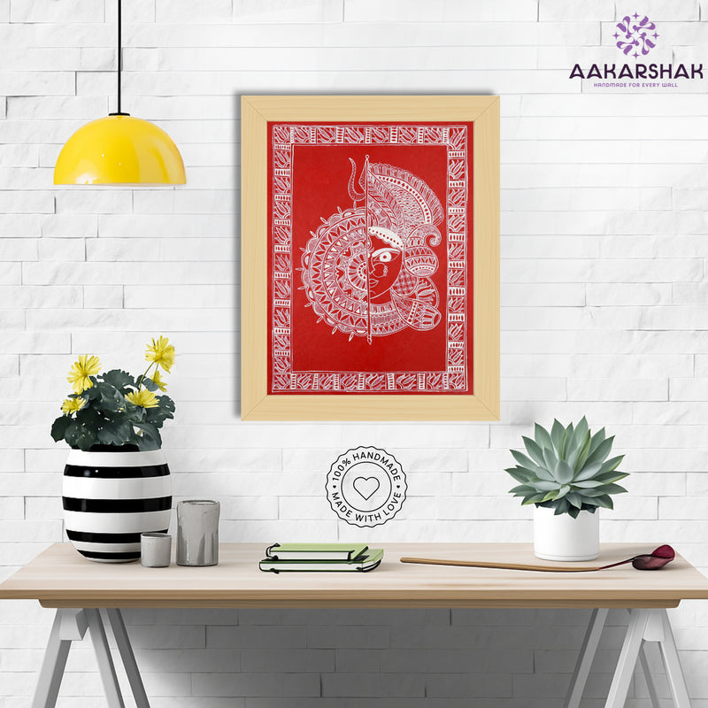 Framed artwork with durga design -handmade madhubani painting for home decor
