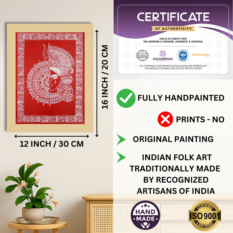 Framed artwork with dimensions, authenticity certificate and handmade iso certified-durga madhubani painting