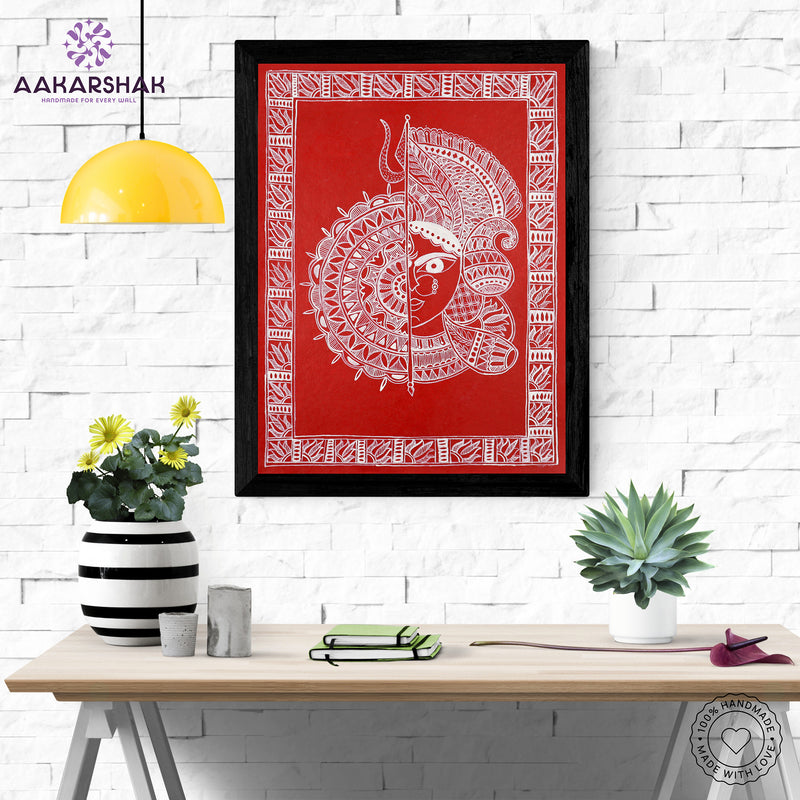 Framed artwork with durga design -handmade madhubani painting for home decor