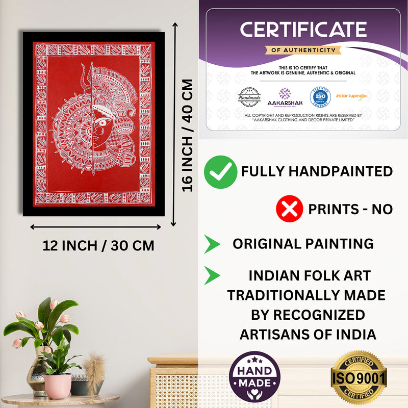 Framed artwork with dimensions, authenticity certificate and handmade iso certified-durga madhubani painting