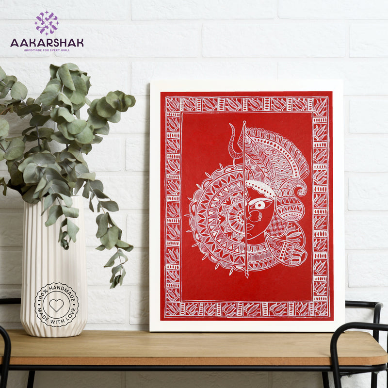 Framed artwork with durga design -handmade madhubani painting for home decor