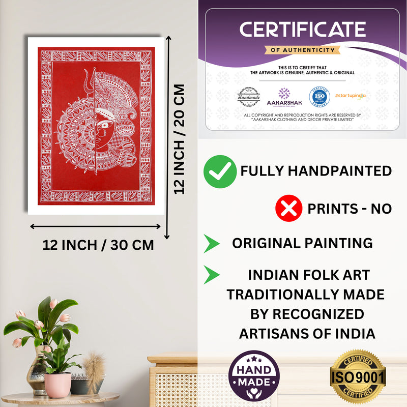 Framed artwork with dimensions, authenticity certificate and handmade iso certified-durga madhubani painting