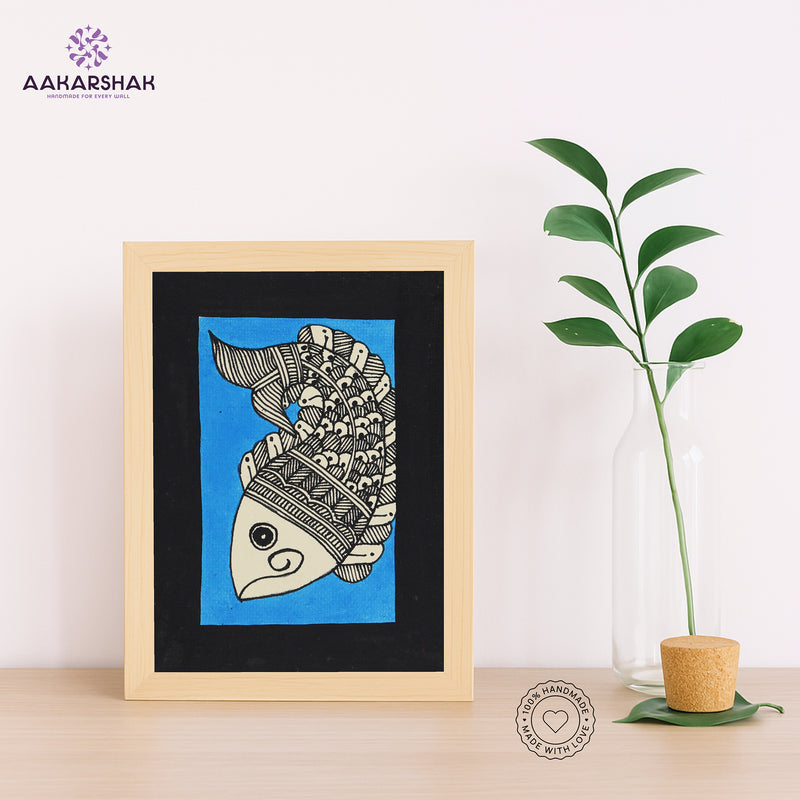 Handmade Madhubani fish painting-with tabletop stand for home decor