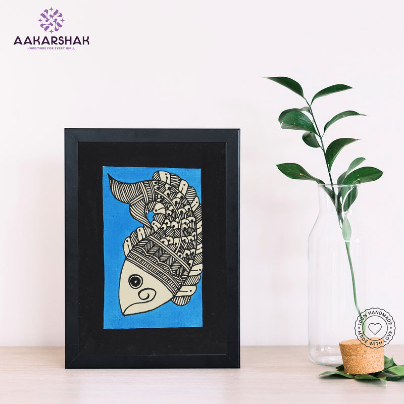 Handmade Madhubani fish painting-with tabletop stand for home decor