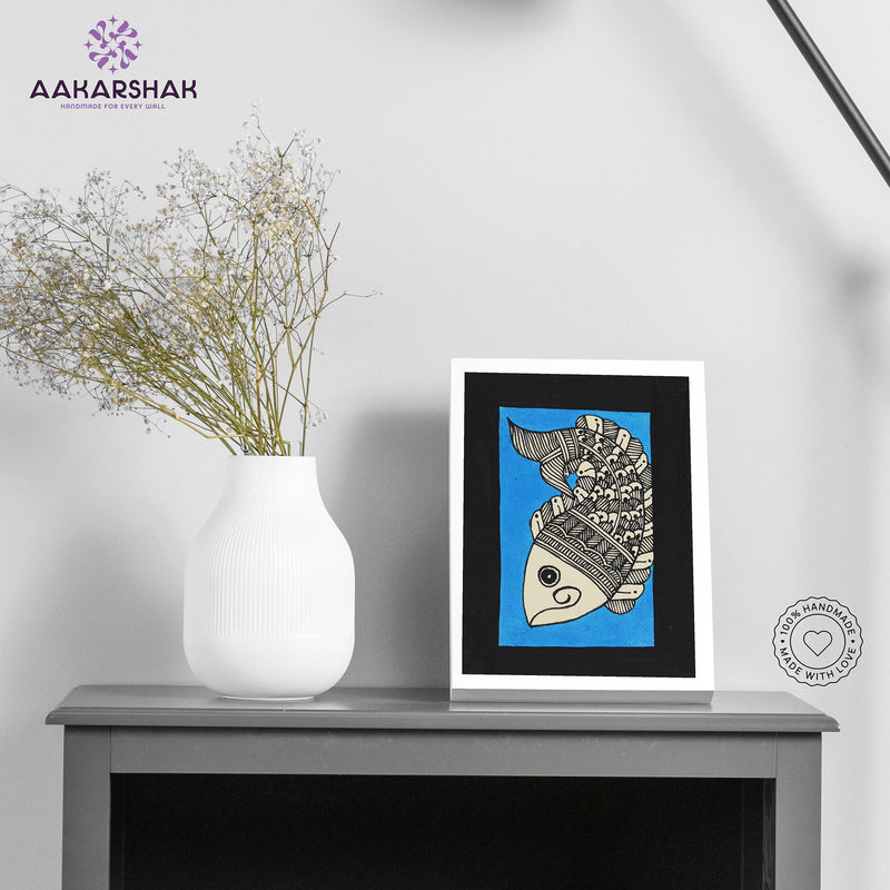 Handmade Madhubani fish painting-with tabletop stand for home decor