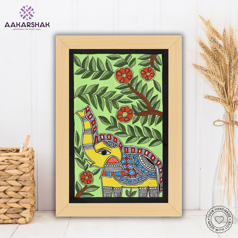 handmade madhubani painting elephant painting-with tabletop stand for home decor