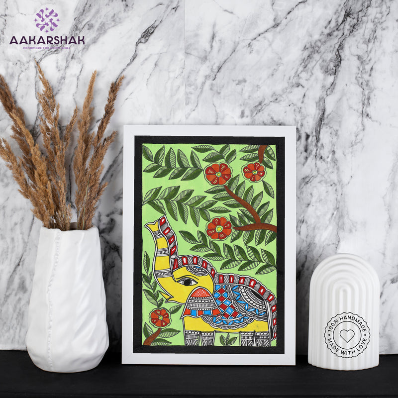 handmade madhubani painting elephant painting-with tabletop stand for home decor