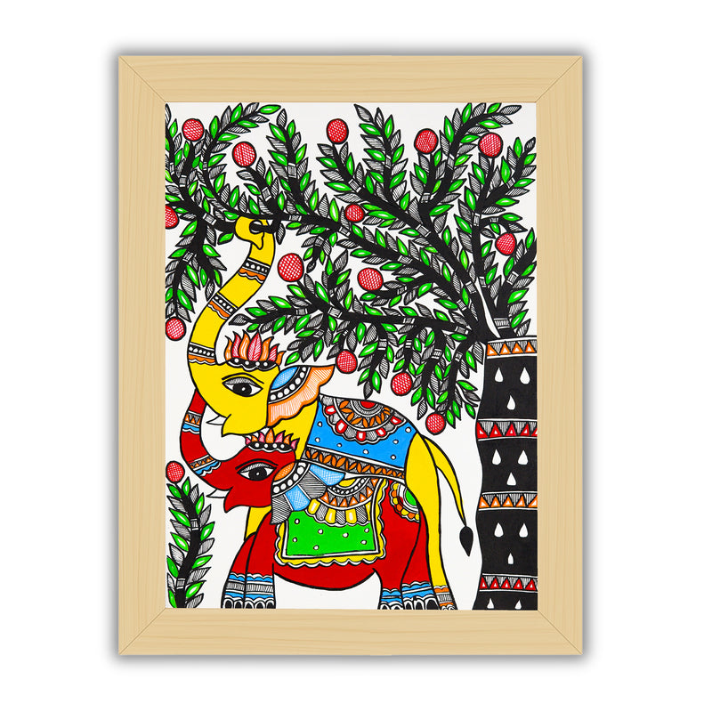 Framed artwork of a colorful elephant-with handmade madhubani painting