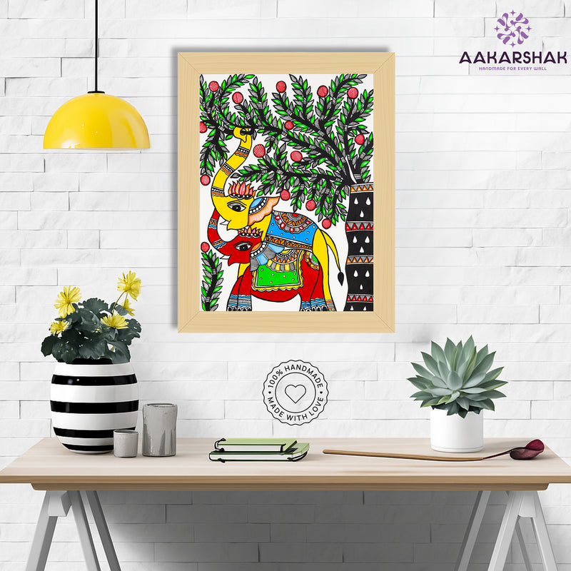 Framed artwork with dimensions, authenticity certificate and handmade iso certified-elephant madhubani painting