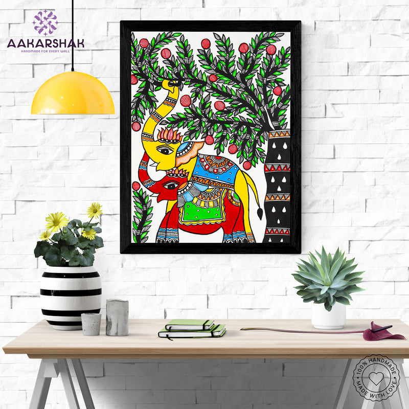 Framed artwork with dimensions, authenticity certificate and handmade iso certified-elephant madhubani painting