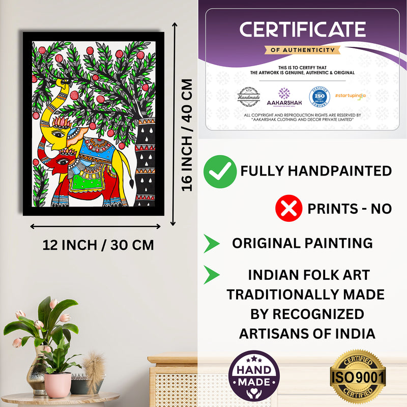Framed artwork with dimensions, authenticity certificate and handmade iso certified-elephant madhubani painting