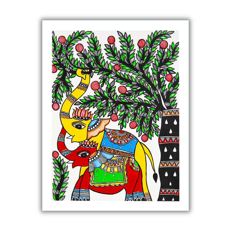 Framed artwork of a colorful elephant-with handmade madhubani painting