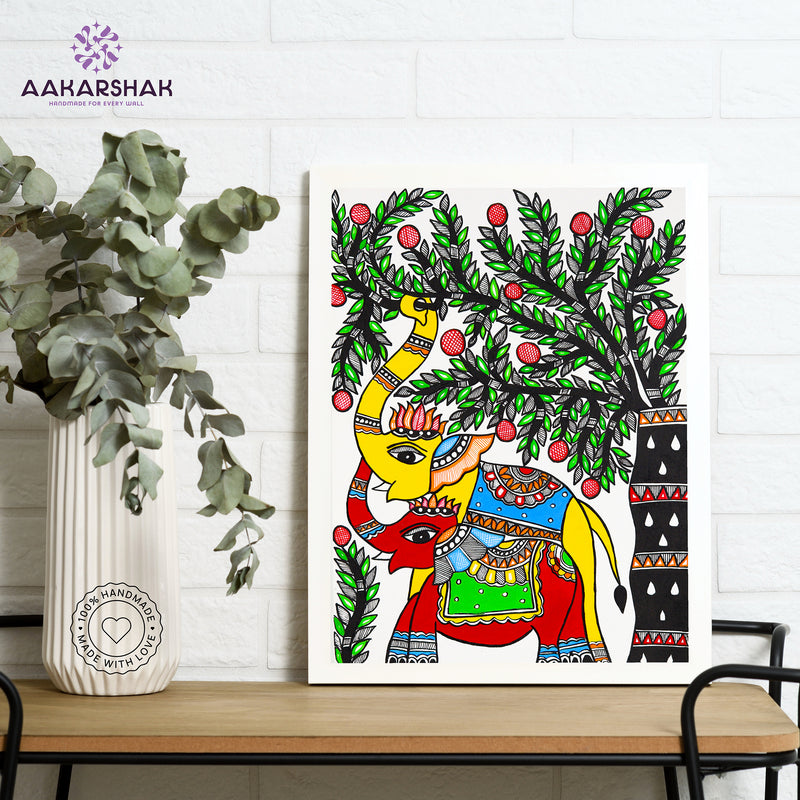 Framed artwork with dimensions, authenticity certificate and handmade iso certified-elephant madhubani painting
